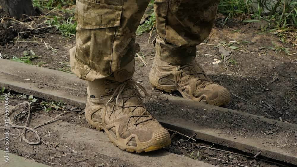 A close-up of a soldier's boots on a dirt path, symbolizing the wear and determination of those walking the front lines in the Ukrainian conflict.