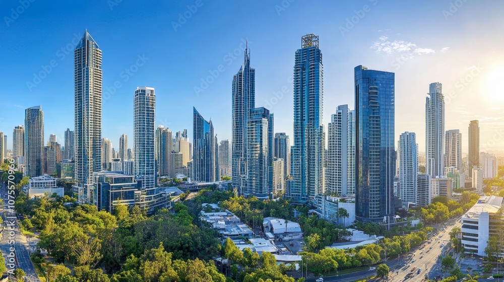 Obraz premium Modern Urban Skyline with Lush Green Spaces