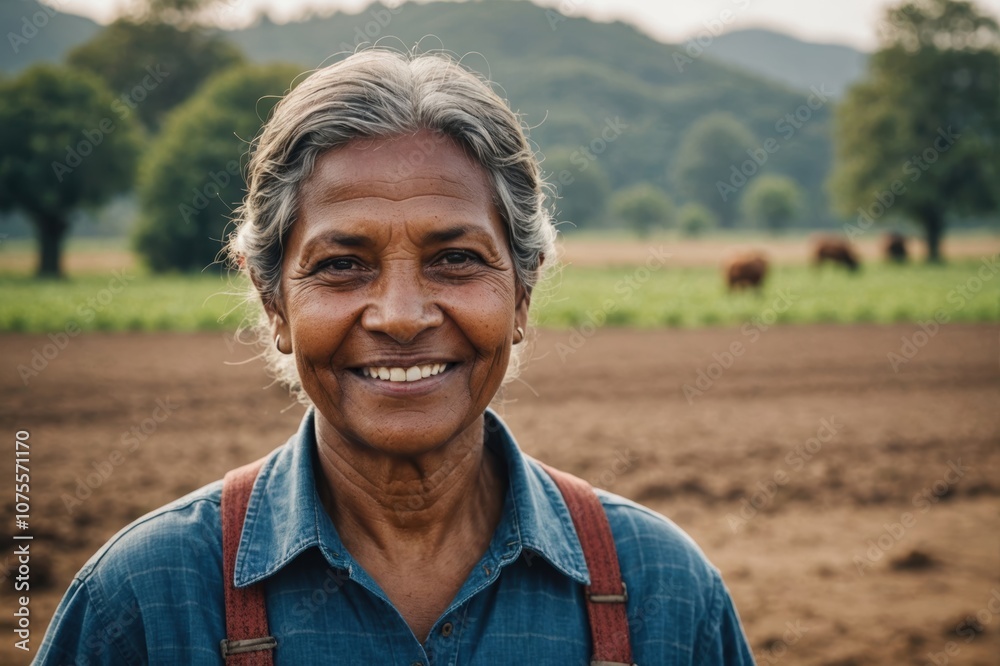 Close portrait of a smiling senior Lesothan female farmer standing and looking at the camera, outdoors Lesothan rural blurred background Close portrait of a smiling senior Lesothan female farmer standing and looking at the camera, outdoors Lesothan rural blurred background