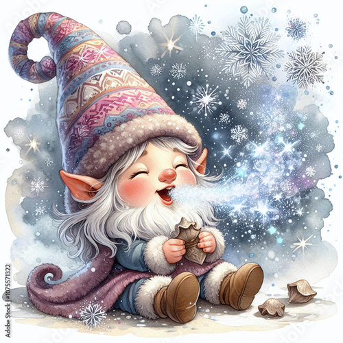 Christmas magical gnome with gingerbread cookies on beautiful snowy winter background. Christmas and winter holidays concept. Illustration for greeting card, sticker, poster.