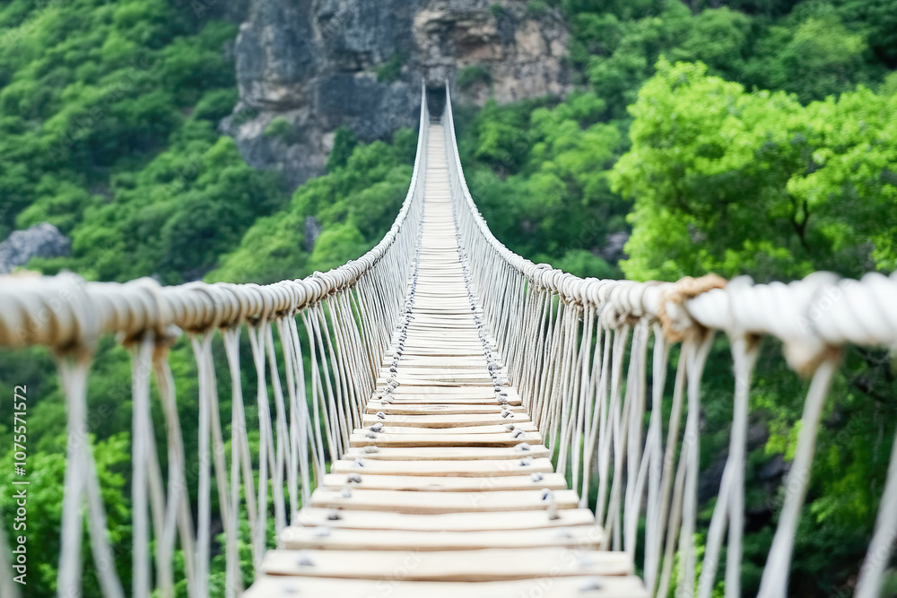 Close-up of a rustic rope suspension bridge stretching over lush greenery, symbolizing adventure and exploration. Close-up of a rustic rope suspension bridge stretching over lush greenery, symbolizing adventure and exploration.