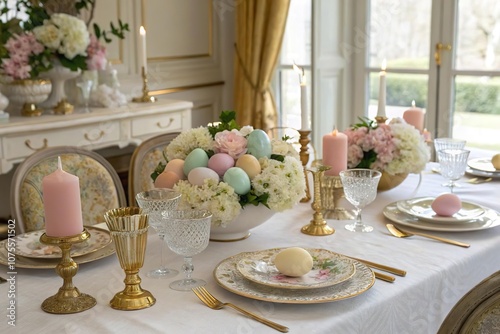 Klassische Osterdeko mit pastellfarbenen Eiern und Blumen in edler Tischumgebung photo