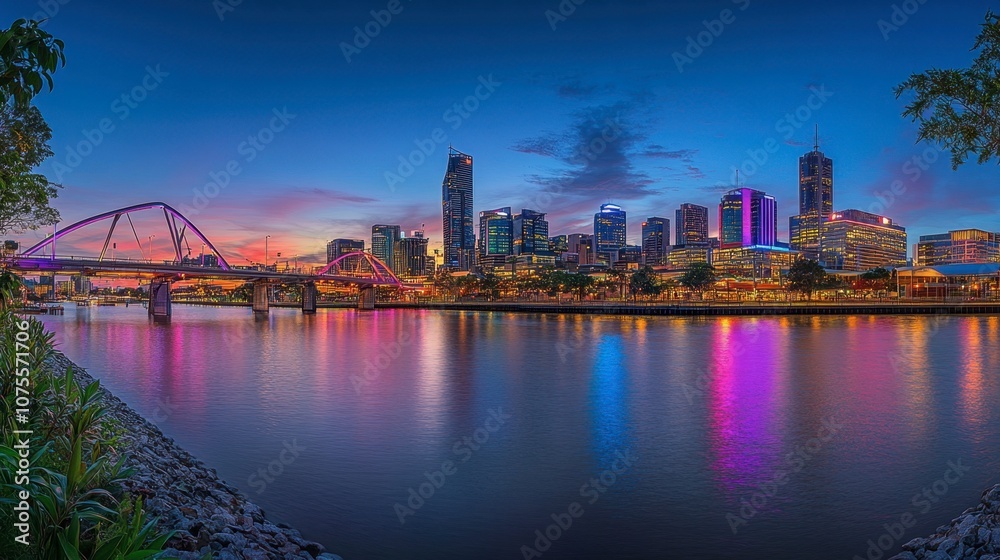 Obraz premium Vibrant Cityscape at Dusk by the River