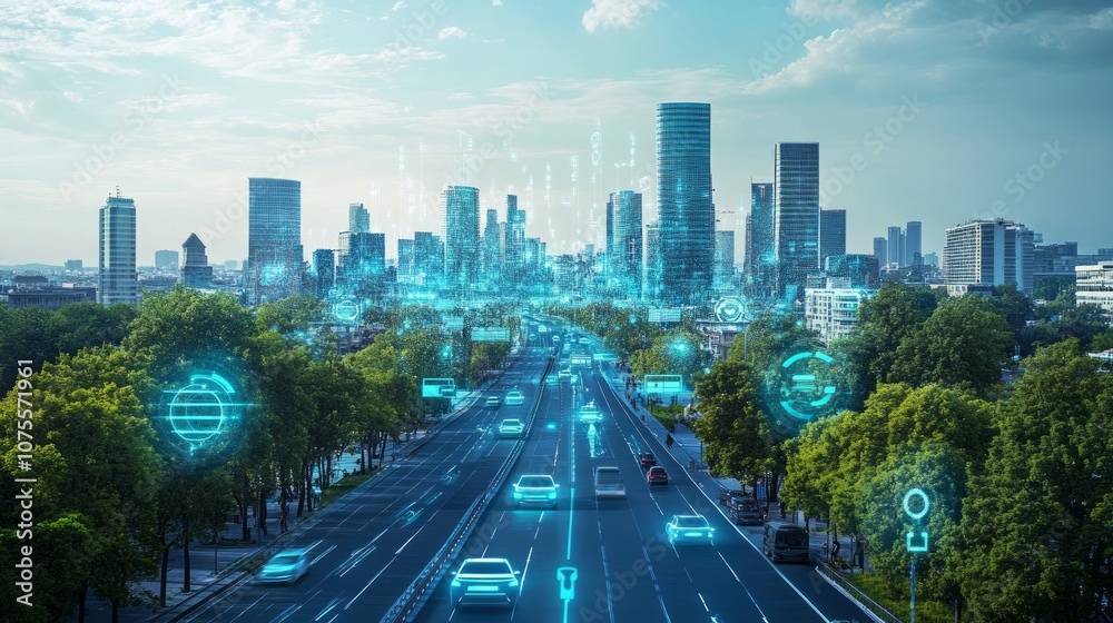 Futuristic city with AI-integrated infrastructure, autonomous vehicles, and smart buildings.
