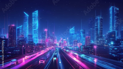 Futuristic city with AI-integrated infrastructure, autonomous vehicles, and smart buildings.