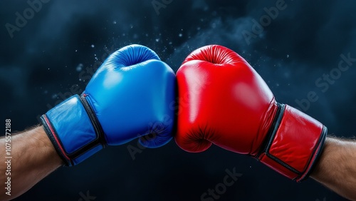 Dynamic Clash of Red and Blue Boxing Gloves in Action photo