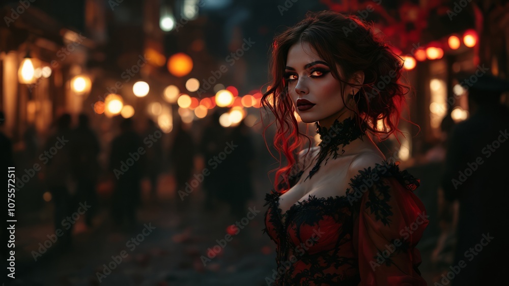 Mystical Woman in Victorian Dress on Lantern Lit Street Mystical Woman in Victorian Dress on Lantern Lit Street
