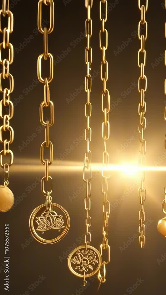 Golden chains hanging in a row with light shining through them, symbolizing strength and unity. The warm glow creates a luxurious, metallic ambiance. Golden chains hanging in a row with light shining through them, symbolizing strength and unity. The warm glow creates a luxurious, metallic ambiance.