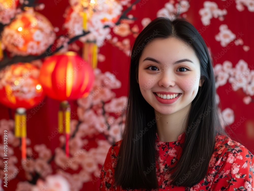 Radiant Smile in Festive Ambiance: A portrait of a beautiful Asian woman with a warm, genuine smile against a backdrop of traditional lanterns and blossoms.Capturing the festive spirit. Radiant Smile in Festive Ambiance: A portrait of a beautiful Asian woman with a warm, genuine smile against a backdrop of traditional lanterns and blossoms.Capturing the festive spirit.