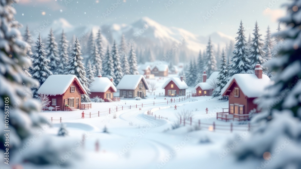 Scenic winter village landscape with snow-covered houses, pine trees, and mountains, peaceful snowy holiday atmosphere, idyllic countryside winter scene with fresh snowfall Scenic winter village landscape with snow-covered houses, pine trees, and mountains, peaceful snowy holiday atmosphere, idyllic countryside winter scene with fresh snowfall