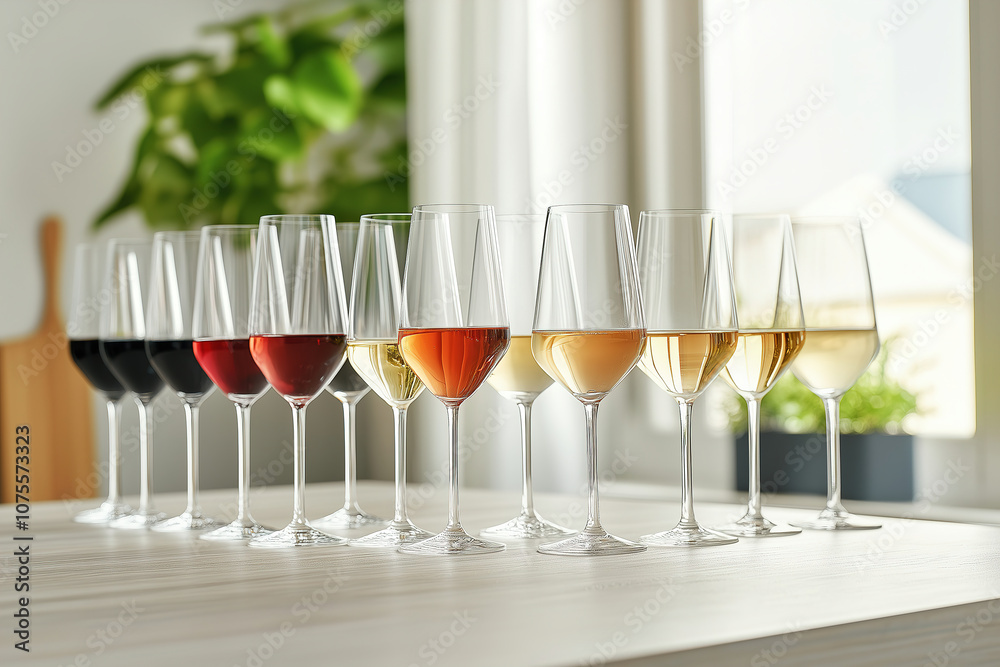 Fototapeta premium A vibrant display of assorted wines in elegant glasses arranged beautifully on a wooden table near a sunlit window. Generative AI