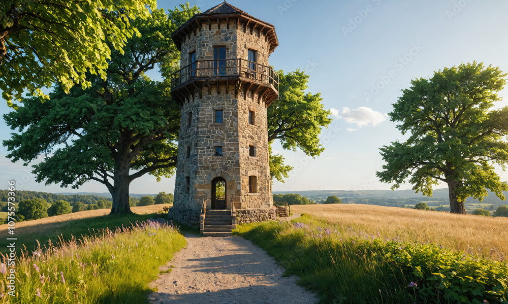 A stone tower stands tall in a field, surrounded by green trees A stone tower stands tall in a field, surrounded by green trees