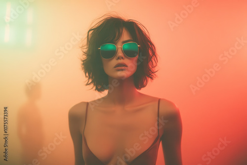 Stylish Woman in Sunglasses with Neon Colors and Smoky Background, Club Atmosphere