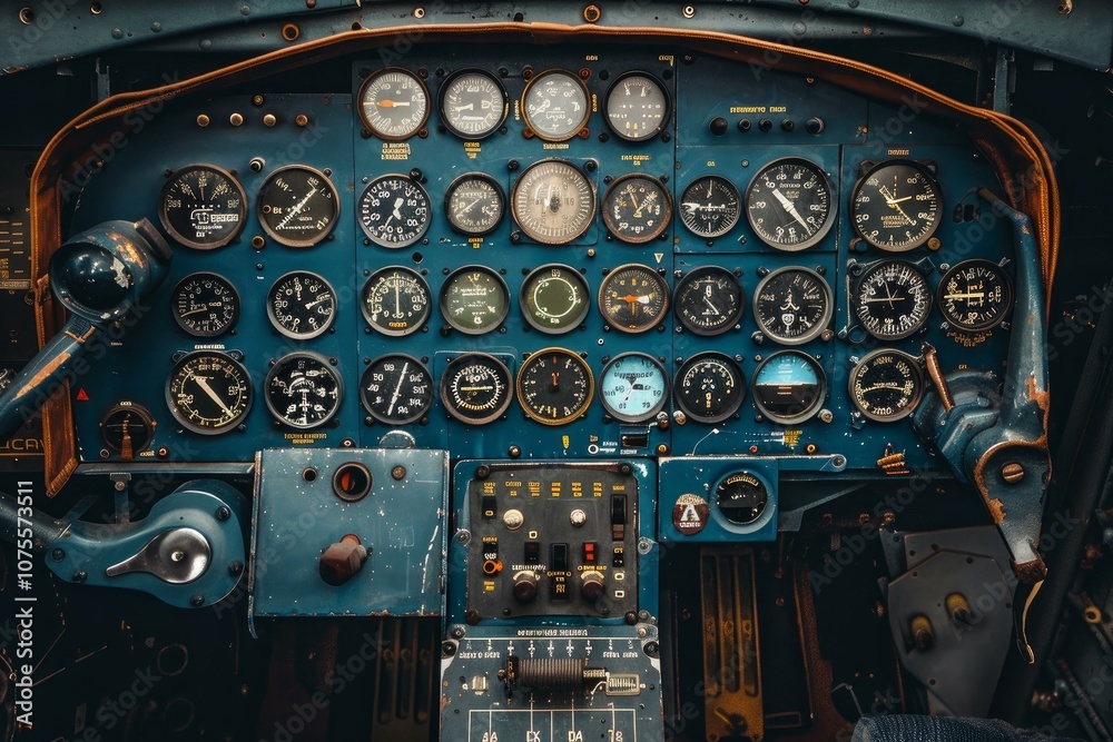 Fototapeta premium Complex airplane cockpit control panel showing flight and navigation instruments