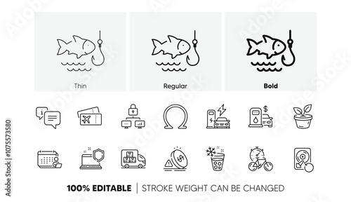 Info, Ice maker and Inflation line icons. Pack of Computer security, Lock, Recovery hdd icon. Filling station, Delivery truck, Charging station pictogram. Boarding pass, Bike timer, Leaves. Vector