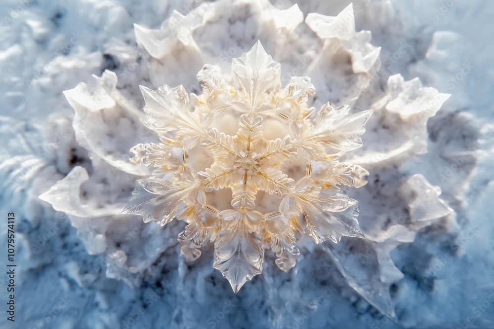 Fototapeta premium Intricate close-up of a snowflake with crystalline textures, capturing the delicate symmetry and beauty of winter's natural artistry.
