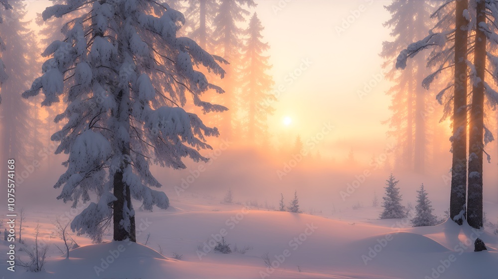 Winter landscape with snowy trees in the forest during sunrise or sunset Winter landscape with snowy trees in the forest during sunrise or sunset