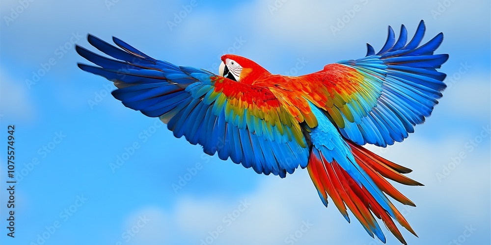 Obraz premium A Vibrant Macaw Soars Gracefully Through a Clear Blue Sky, Showcasing Its Colorful Plumage Against the Backdrop of Fluffy White Clouds, Evoking the Beauty of Wildlife in Nature