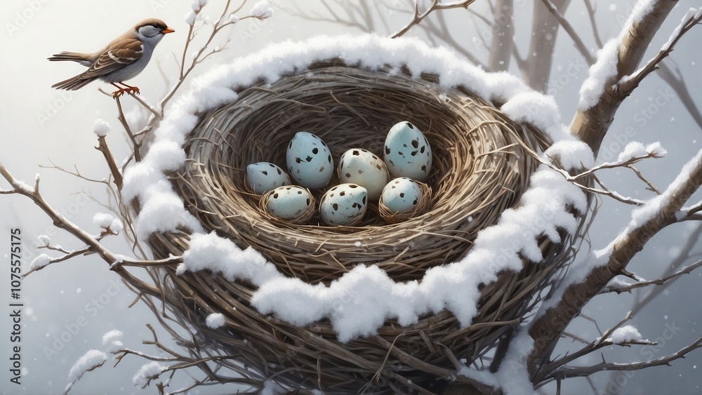 Fototapeta premium Sparrow near snowy nest with speckled blue eggs in winter setting