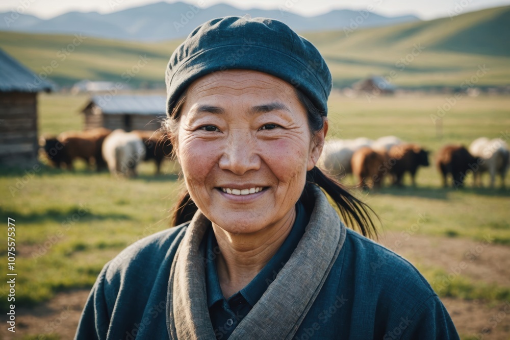 Close portrait of a smiling senior Mongolian female farmer standing and looking at the camera, outdoors Mongolian rural blurred background Close portrait of a smiling senior Mongolian female farmer standing and looking at the camera, outdoors Mongolian rural blurred background
