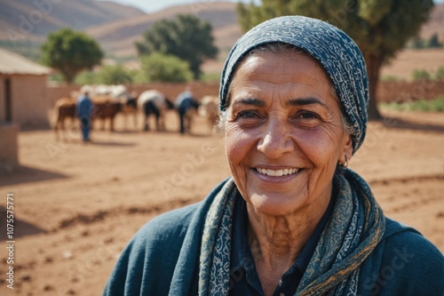 Close portrait of a smiling senior Moroccan female farmer standing and looking at the camera, outdoors Moroccan rural blurred background photo