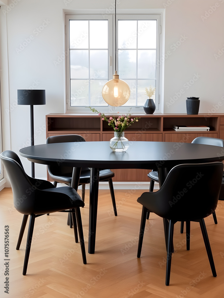A modern dining space with an oval black wooden table and matching black chairs. Generative AI A modern dining space with an oval black wooden table and matching black chairs. Generative AI