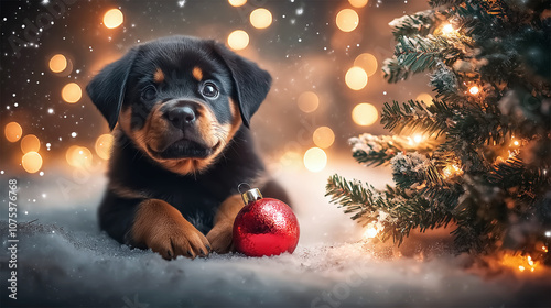 Rottweiler puppy with red ornament by snow-covered Christmas tree and lights 
