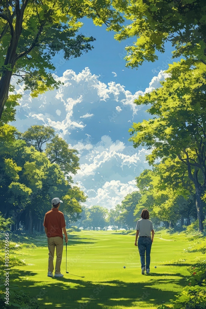 Senior couple practicing golf on a lush green course, enjoying the outdoors, watching the golf ball with enthusiasm and cheer Senior couple practicing golf on a lush green course, enjoying the outdoors, watching the golf ball with enthusiasm and cheer
