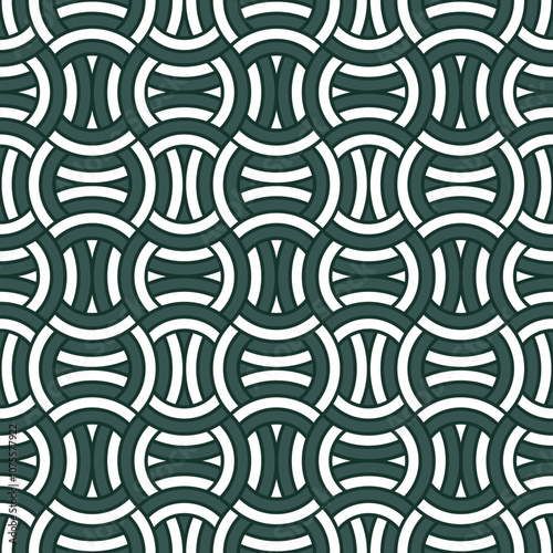 Modular composition with interlocking geometric striped shapes in green and white. Modern checkered design with a seamless repeating pattern. Vector illustration.