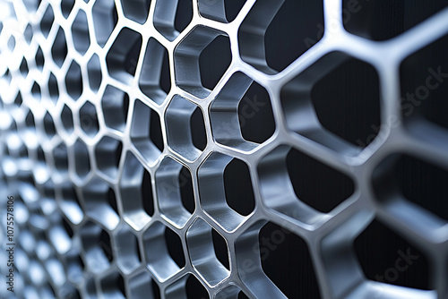 a honeycomb-style facade made of aluminum, with light and shadow playing off the angular design. photo