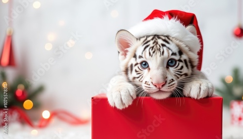 Adorable fluffy white tiger in Santa hat inside a red Christmas box, holiday ornaments around, with a white background for adding text.