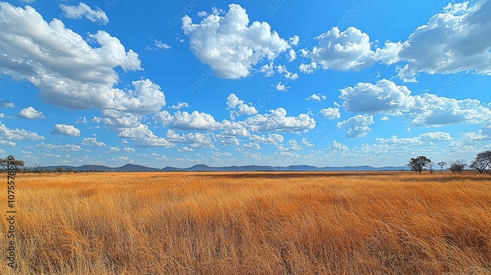 A vast landscape of golden grass under a bright blue sky with scattered clouds. A vast landscape of golden grass under a bright blue sky with scattered clouds.