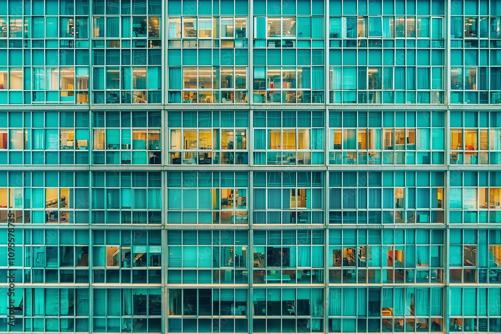 geometric patterns created by window shades on a modern office building, arranged in a uniform grid.