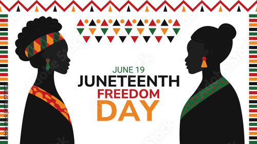 Juneteenth banner commemorating the emancipation of enslaved african americans in the united states, featuring silhouettes of women and traditional patterns.