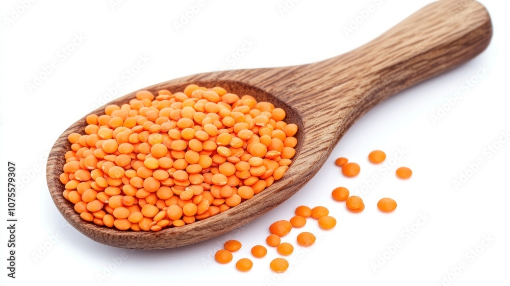 A wooden spoon filled with orange lentils. A wooden spoon filled with orange lentils.