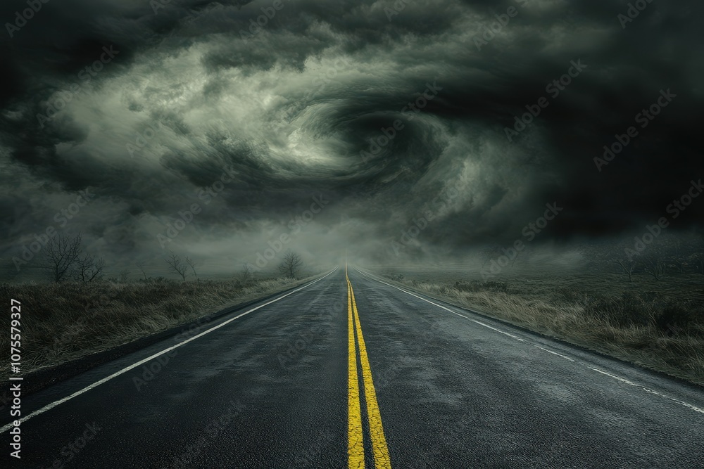  The Road to Storm- A dramatic scene of a long, winding road leading into a dark, menacing s_1(309). Beautiful simple AI generated image