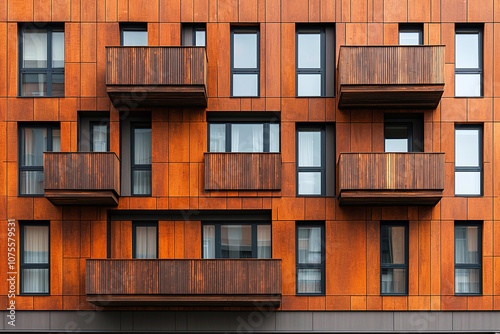 staggered wooden panels on a facade, creating a natural geometric texture. photo