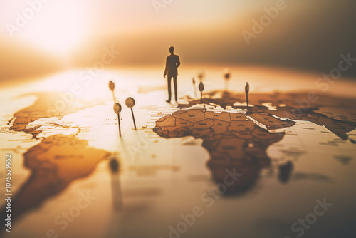 A miniature figure stands on a world map surrounded by navigation pins during sunset, exploration and adventure