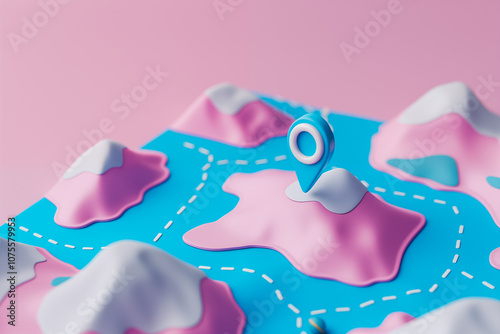 A colorful 3D map featuring pink mountains, blue water, and a location marker, illuminated against a pastel backdrop