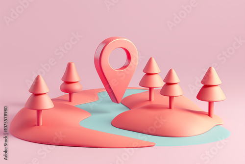 Stylized landscape featuring a vibrant pink color scheme, complete with a prominent map marker, stylized trees, and a curving river.