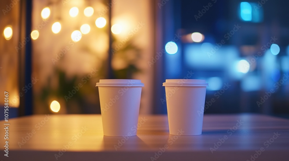 Fototapeta premium Two white coffee cups on a table in a cozy setting.