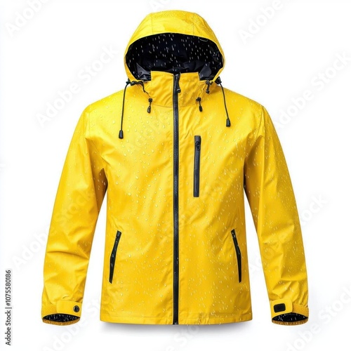 A photostock of a vibrant yellow rain jacket, ideal for outdoor or rainy day themes, isolated on white background, High Quality