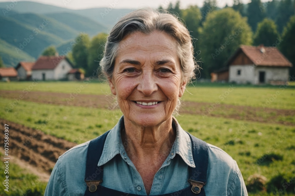 Close portrait of a smiling senior Romanian female farmer standing and looking at the camera, outdoors Romanian rural blurred background Close portrait of a smiling senior Romanian female farmer standing and looking at the camera, outdoors Romanian rural blurred background