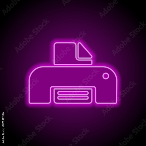 Printer, print simple icon. Flat design. Purple neon on black background