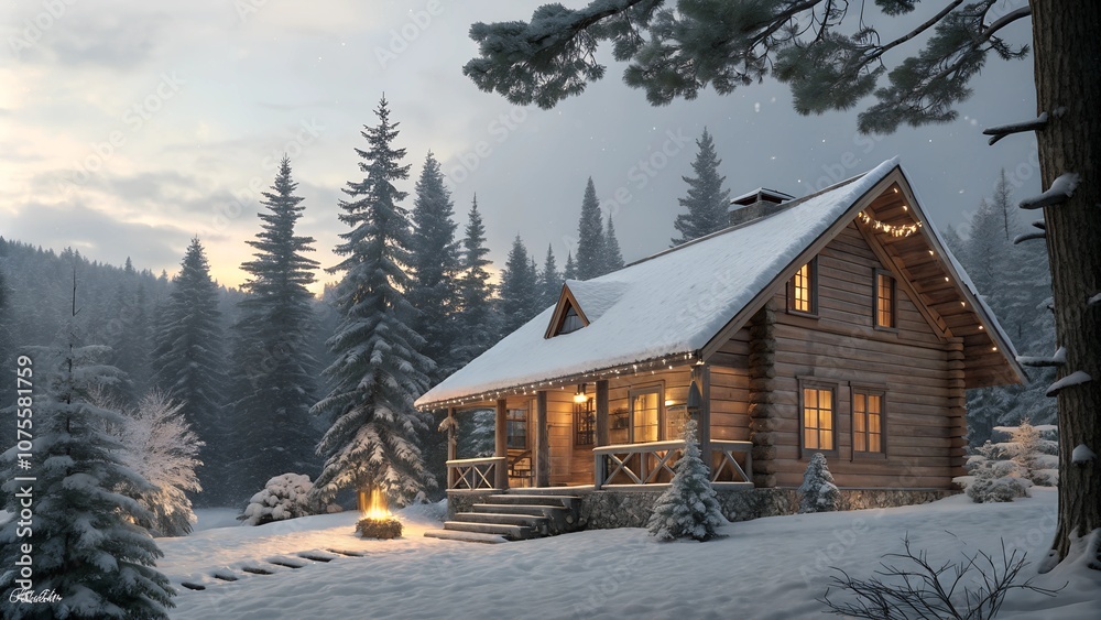 Naklejka premium Rustic cabin lit warmly in snowy forest setting, for tranquil holiday cards, web banners, or wintertime stories. Warm lighting contrasts snowy blue ambiance