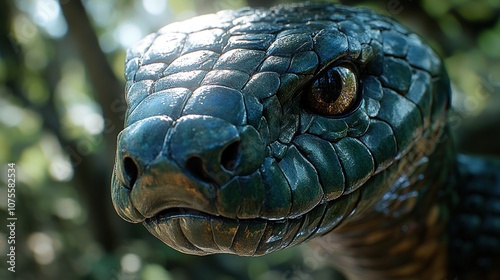 Close-up of a venomous snake's head with sharp eyes, scales, and a forked tongue.