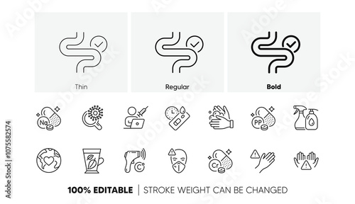 Vaccination appointment, Electronic thermometer and Digestion line icons. Pack of Niacin, Medical mask, Donation icon. Covid test, Dont touch, Mint leaves pictogram. Sodium mineral. Line icons. Vector