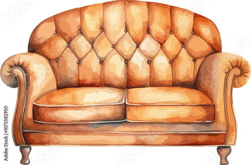 watercolor illustration of a blue chesterfield sofa