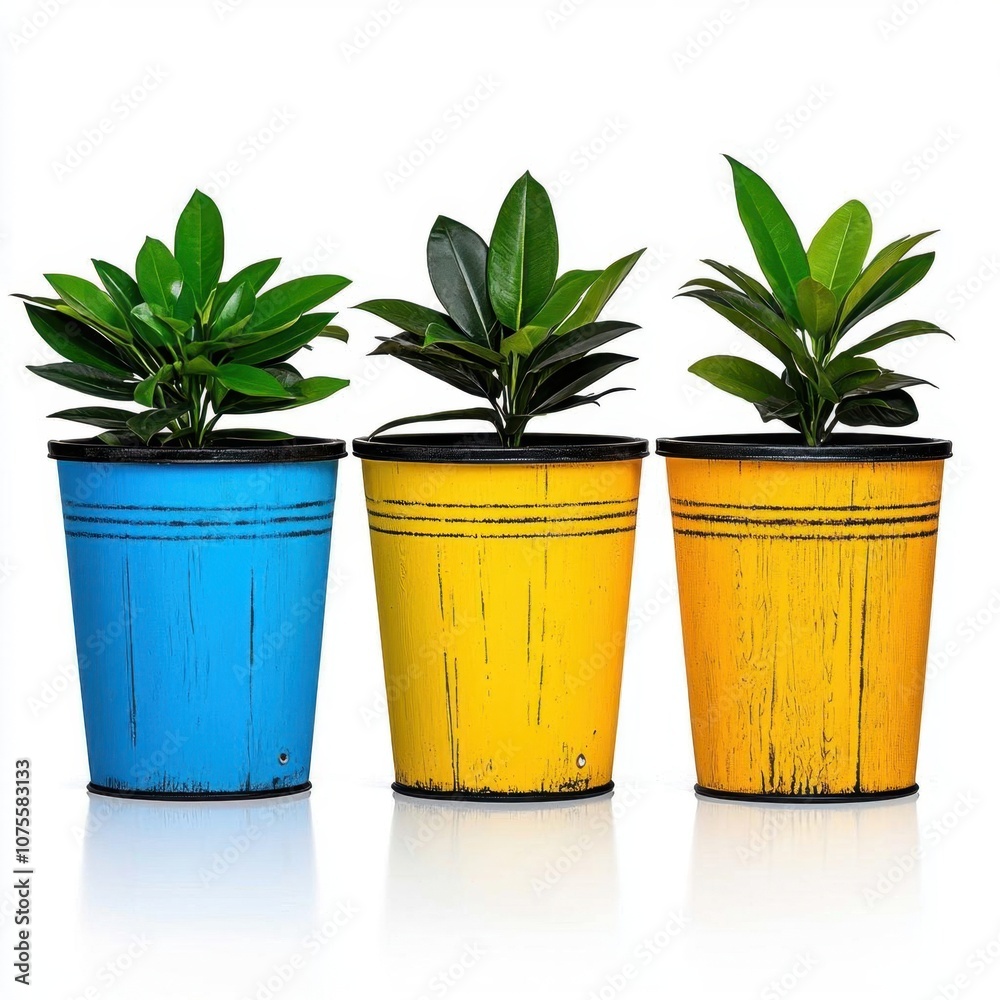 Obraz premium A photostock of colorful painted metal buckets, perfect for DIY or garden themes, isolated on white background, High Quality