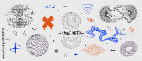 Universal Retrofuturistic 3D shapes. Sci-fi trendy elements in vaporwave style from 80s-90s. Bitmax style 3D shapes, old digital wave with pixels and glitch effect. Vector shapes, graphic collection